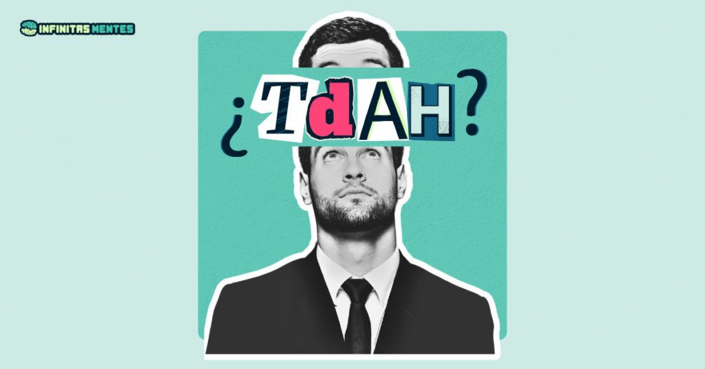 Composición visual sobre qué es el TDAH adulto con un hombre adulto que mira la palabra TDAH escrita con signos de interrogación
